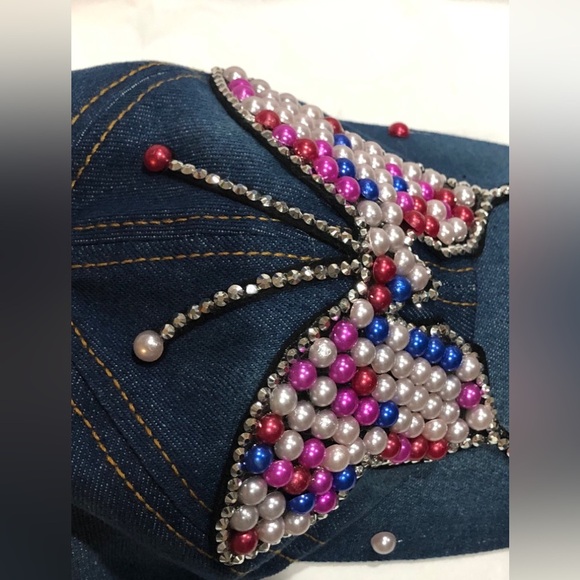 Denim red white pink pearl embellished rhinestone crystal butterfly baseball cap - Picture 11 of 14